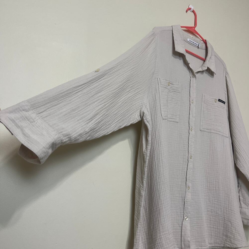 Calvin Klein Jeans Women's Plus Size Button Up‎ Shirt Cotton Shirt Beige 2X - Picture 5 of 12